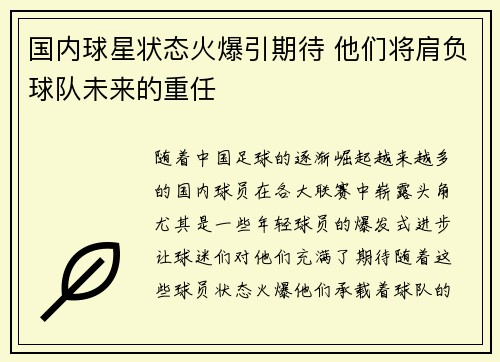 国内球星状态火爆引期待 他们将肩负球队未来的重任