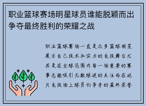 职业篮球赛场明星球员谁能脱颖而出争夺最终胜利的荣耀之战