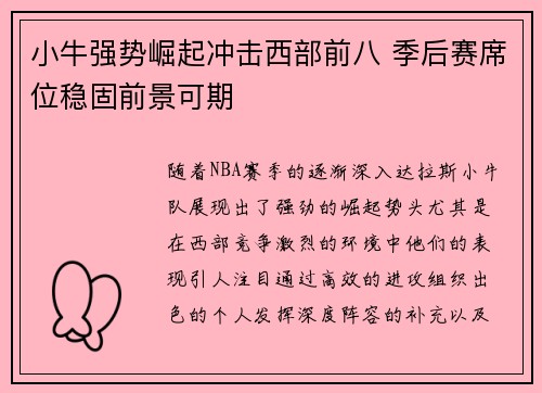小牛强势崛起冲击西部前八 季后赛席位稳固前景可期